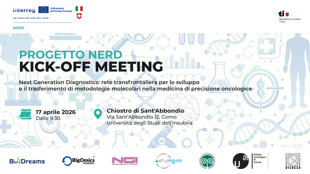 Locandina del kick-off meeting del progetto NERD, 17 aprile 2026, Chiostro di Sant'Abbondio, Università degli Studi dell'Insubria, Como